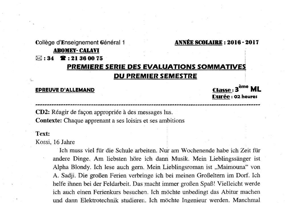 Aperçu de la première page — 3ème Allemand 1er Devoir 1er Semestre Ml CEG1 Abomey Calavi 2016 2017