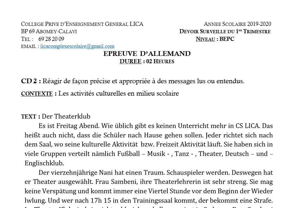 Aperçu de la première page — 3ème Allemand 1er Devoir 1er Trimestre Cepg Lica 2019 2020