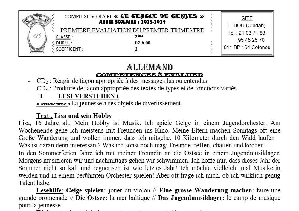 Aperçu de la première page — 3ème Allemand 1er Devoir 1er Trimestre CP Le Cercle de Genies 2023 2024