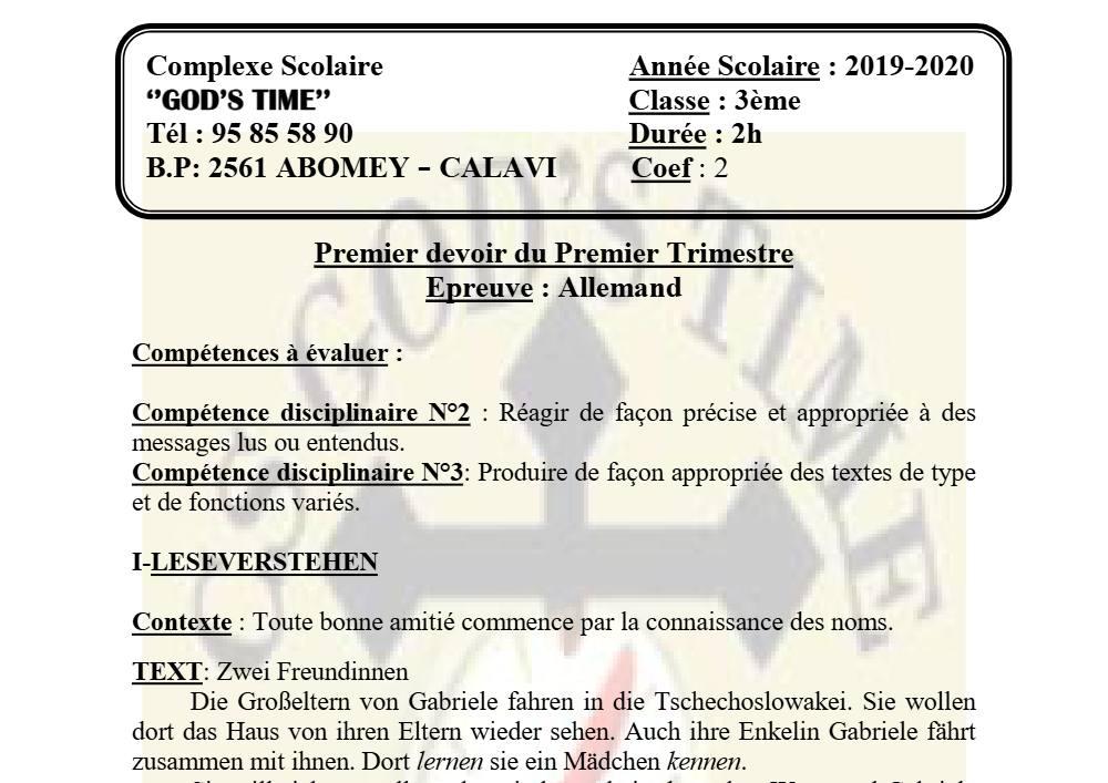 Aperçu de la première page — 3ème Allemand 1er Devoir 1er Trimestre CS God'S Time 2019 2020