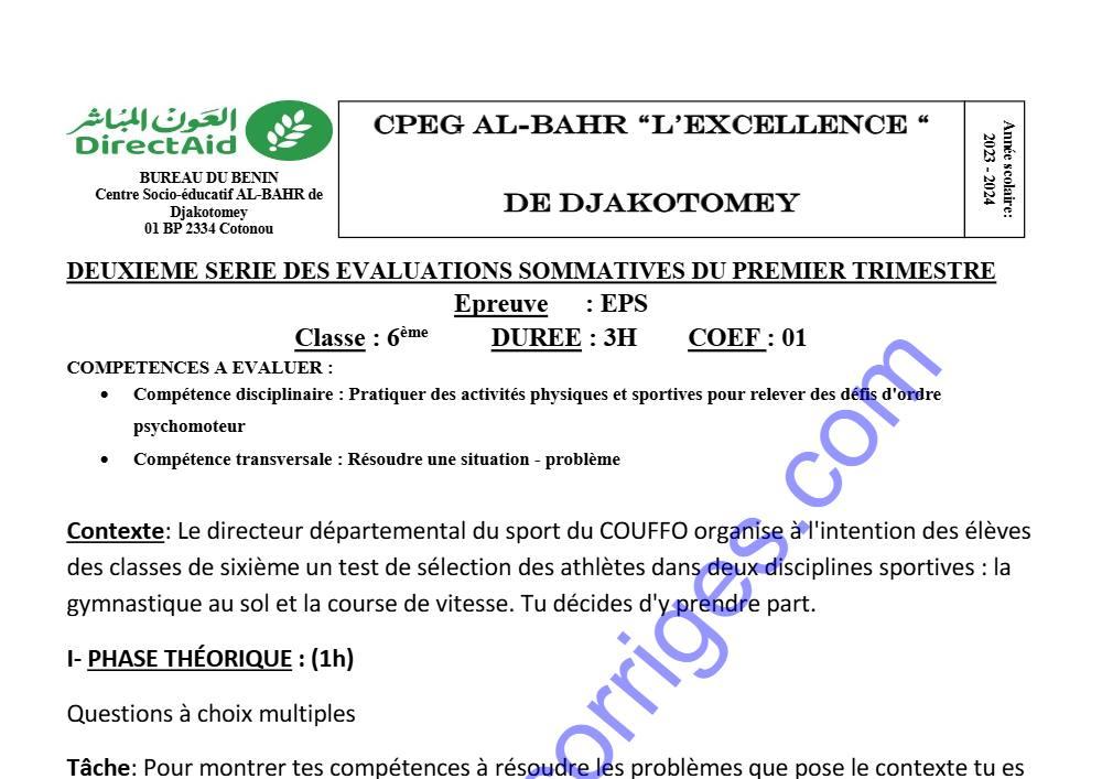 Aperçu de la première page — EPS 6EME 2EME DEVOIR DU 1ER TRIMESTRE 2023 2024 CPEG AL BAHR L'EXCELLENCE