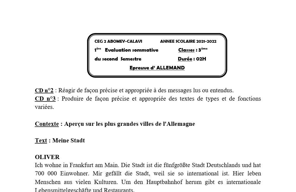 Aperçu de la première page — 3ème Allemand 1er Devoir 2ème Semestre CEG2 Bomey Calavi 2021 2022