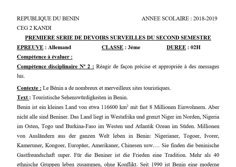 Aperçu de la première page — 3ème Allemand 1er Devoir 2ème Semestre CEG2 Kandi 2018 2019