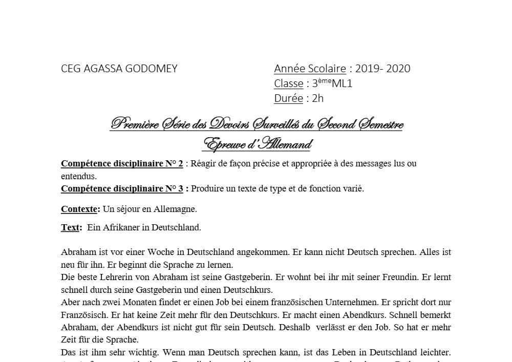 Aperçu de la première page — 3ème Allemand 1er Devoir 2ème Semestre CEG Agassa Godomey 2019 2020