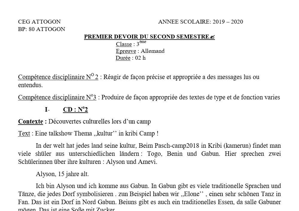 Aperçu de la première page — 3ème Allemand 1er Devoir 2ème Semestre CEG Attogon 2019 2020