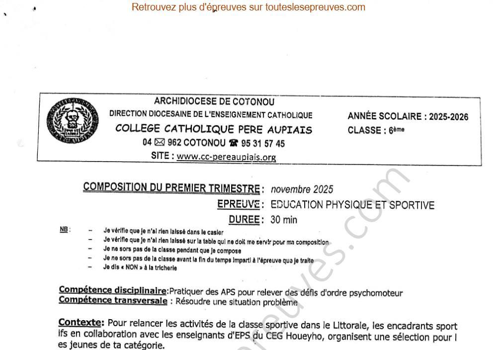 Aperçu de la première page — EPS 6e – Composition du 1er trimestre 2025 2026 – Gymnastique au sol et parcours sportif – Collège Catholique Père Aupiais