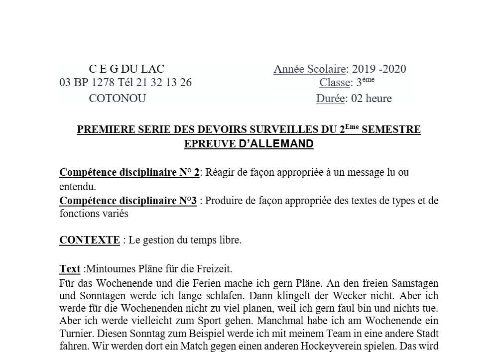 Aperçu de la première page — 3ème Allemand 1er Devoir 2ème Semestre CEG du Lac 2019 2020