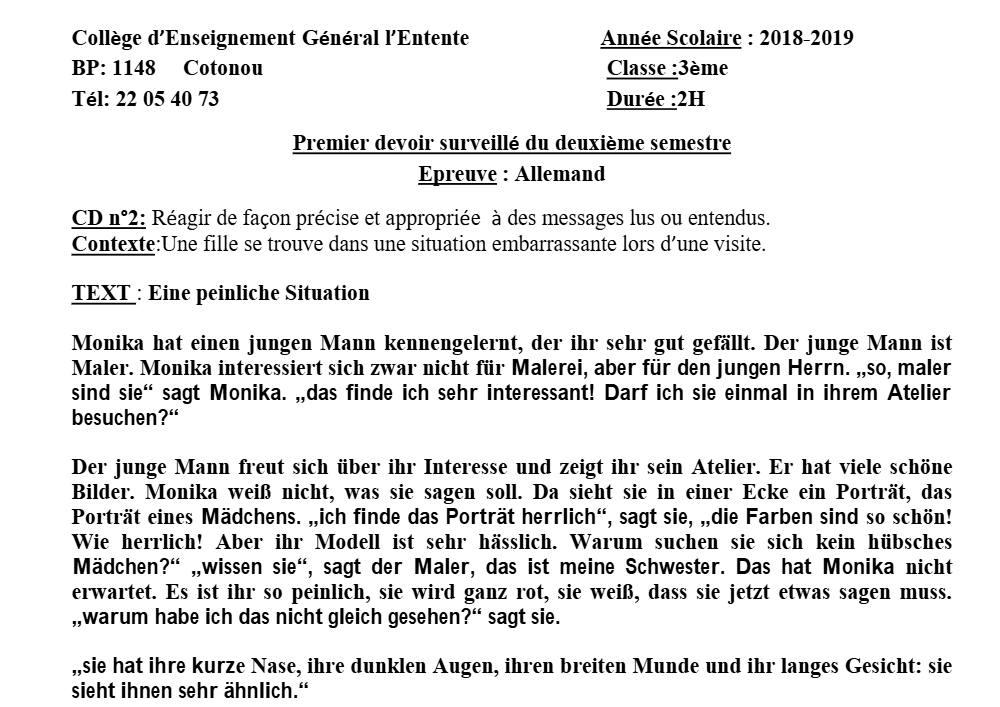 Aperçu de la première page — 3ème Allemand 1er Devoir 2ème Semestre CEG Entente 2018 2019