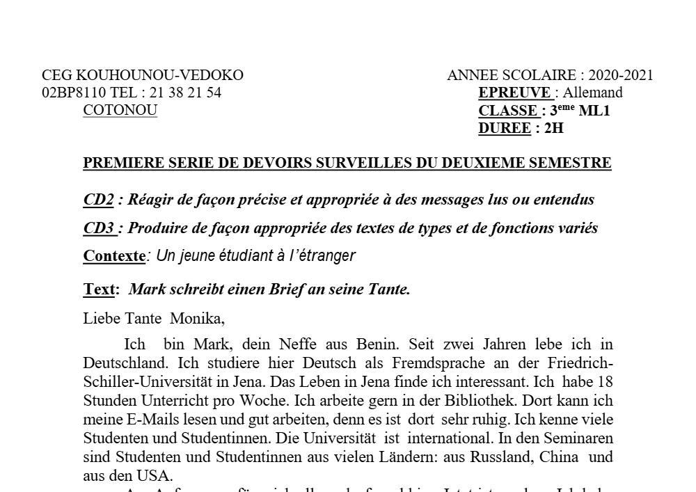 Aperçu de la première page — 3ème Allemand 1er Devoir 2ème Semestre CEG K Vedoko 2020 2021