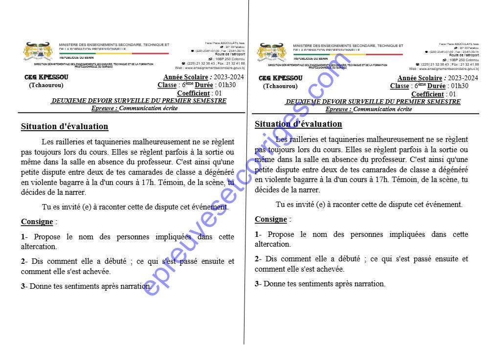 Aperçu de la première page — File 65e323c8622fe COMMUNICATION ECRITE 6EME 2EME DEVOIR DU 1ER SEMESTRE 2023 2024 CEG KPESSOU TCHAOUROU