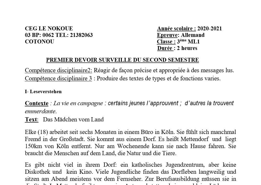 Aperçu de la première page — 3ème Allemand 1er Devoir 2ème Semestre CEG Le Nokoué 2020 2021