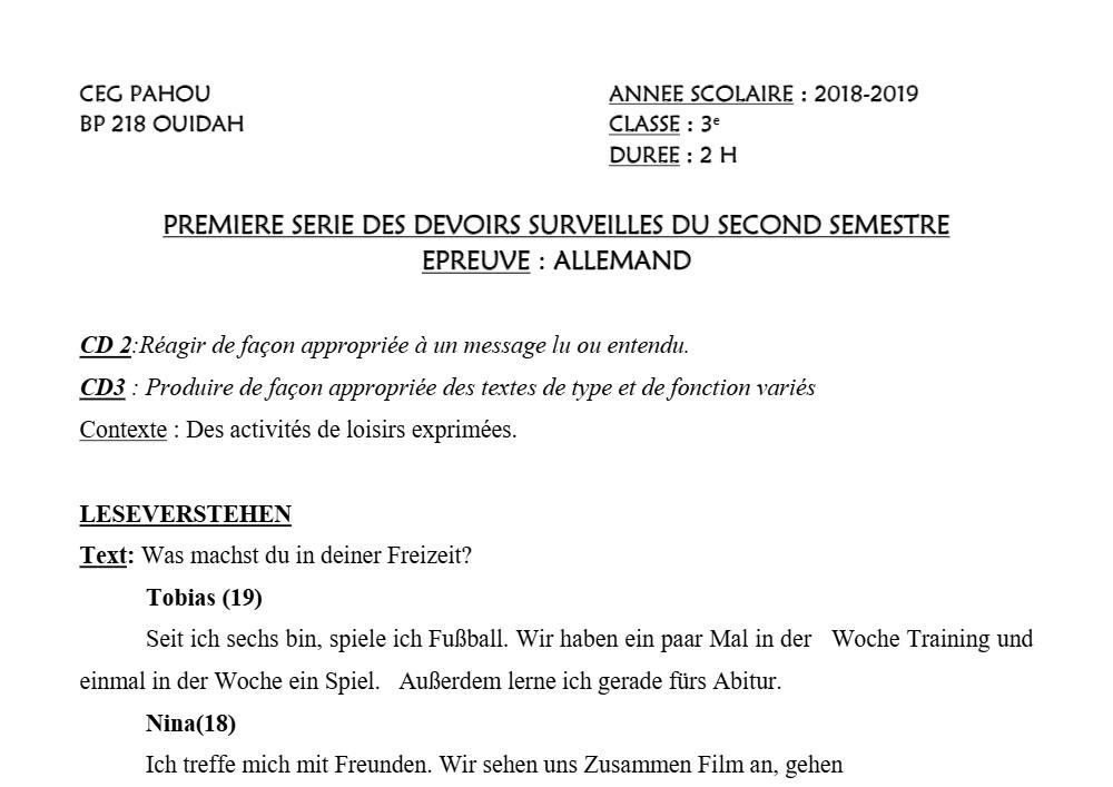Aperçu de la première page — 3ème Allemand 1er Devoir 2ème Semestre CEG Pahou 2018 2019