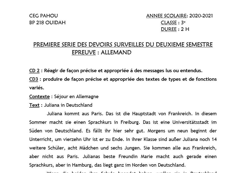 Aperçu de la première page — 3ème Allemand 1er Devoir 2ème Semestre CEG Pahou 2020 2021