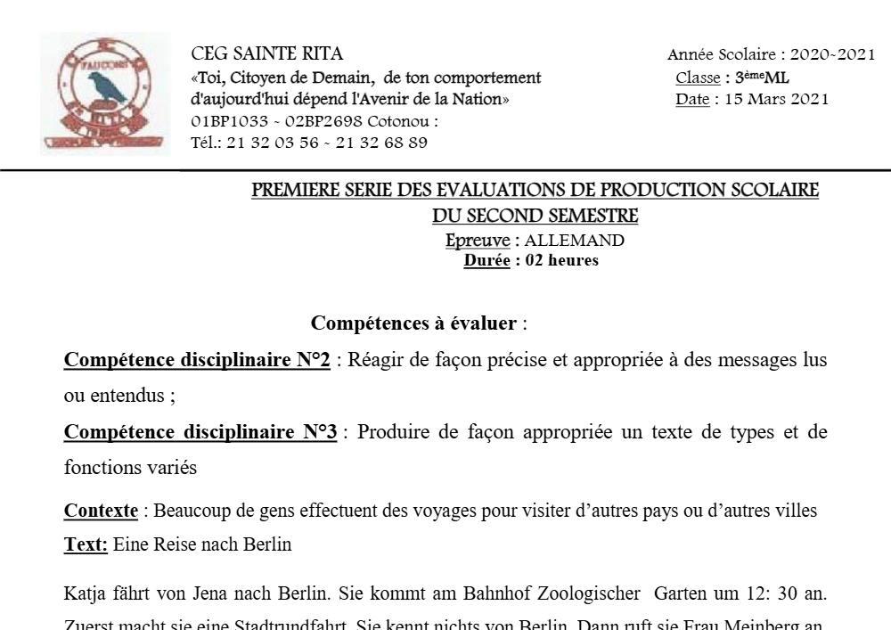 Aperçu de la première page — 3ème Allemand 1er Devoir 2ème Semestre CEG Sainte Rita 2020 2021