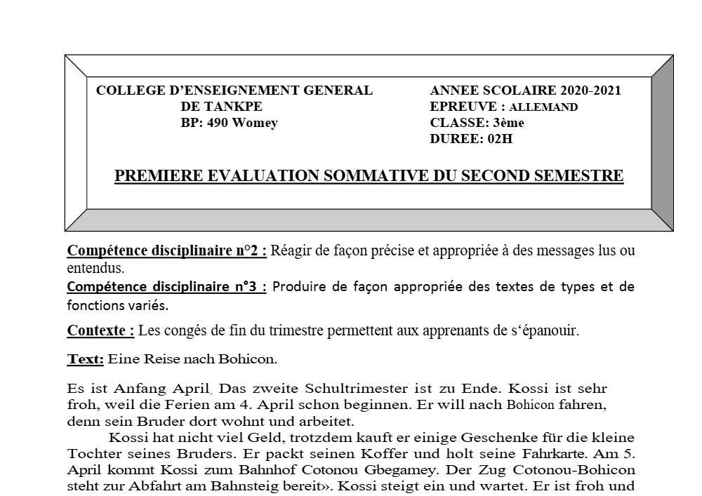 Aperçu de la première page — 3ème Allemand 1er Devoir 2ème Semestre CEG Tankpè 2020 2021