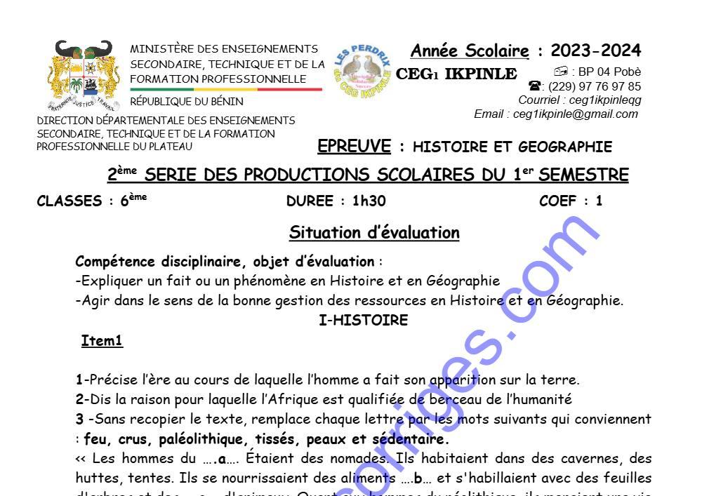 Aperçu de la première page — HISTOIRE GEOGRAPHIE 6EME 2EME DEVOIR DU 1ER SEMESTRE 2023 2024 CEG1 IKPINLE