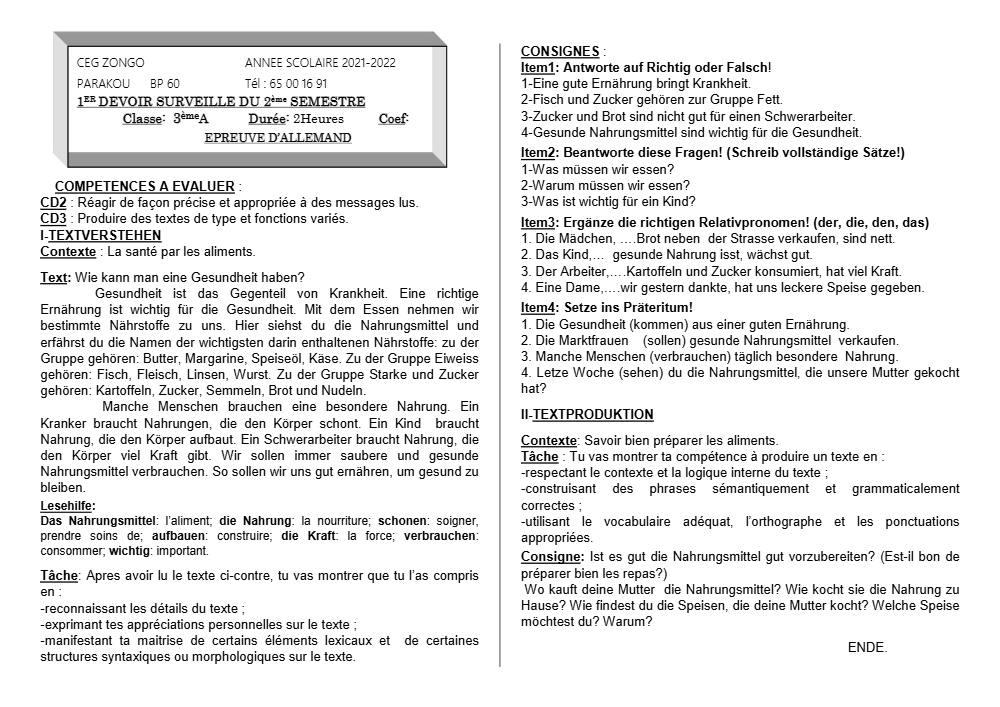 Aperçu de la première page — 3ème Allemand 1er Devoir 2ème Semestre CEG Zongo 2021 2022