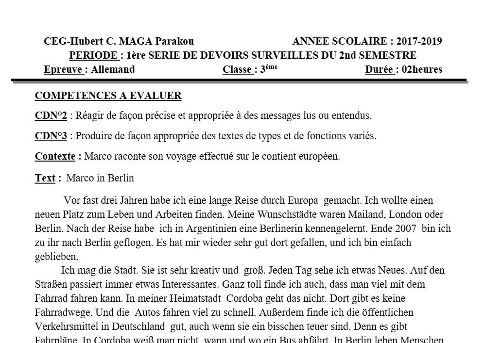 Aperçu de la première page — 3ème Allemand 1er Devoir 2ème Semestre Corige CEG Hubert C Maga 2018 2019