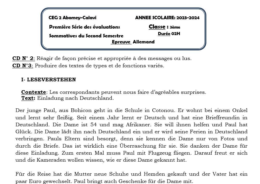 Aperçu de la première page — 3ème Allemand 1er Devoir 2ème Semestre D'allemand CEG2 Abomey Calavi 2023 2024