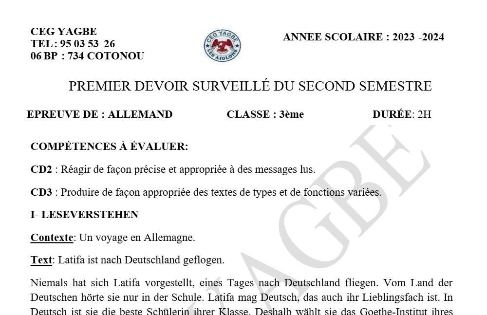 Aperçu de la première page — 3ème Allemand 1er Devoir 2ème Semestre d'Allemand CEG Yagbe 2023 2024