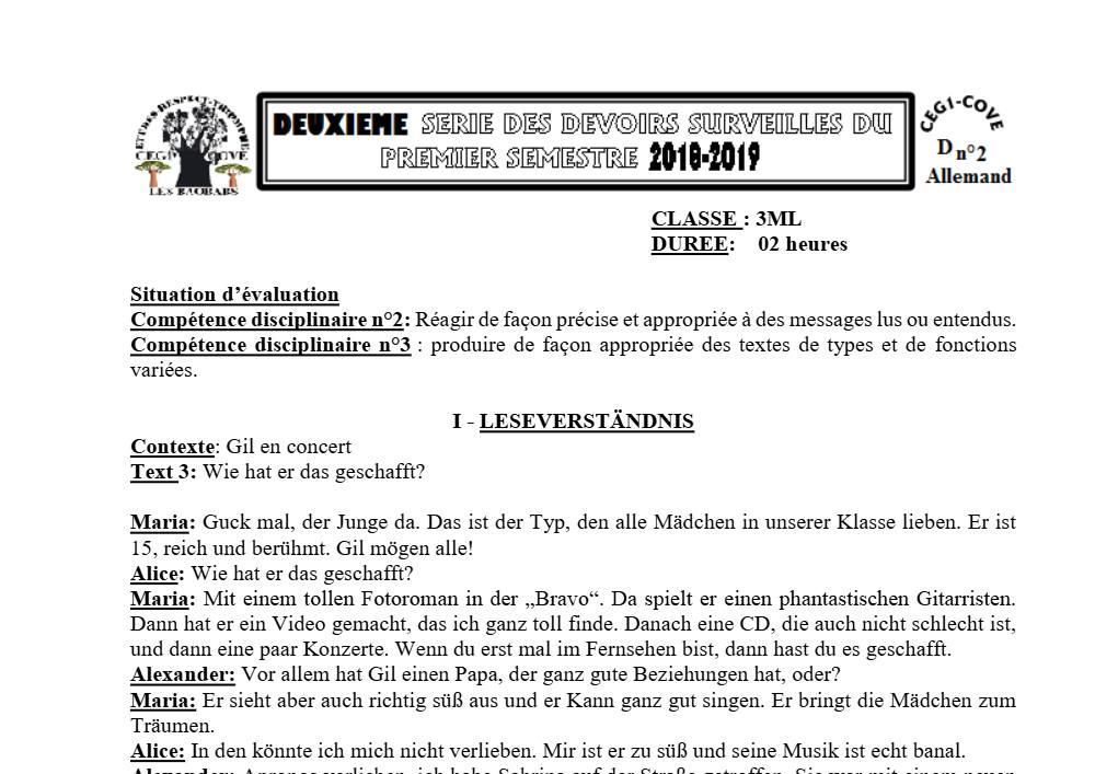 Aperçu de la première page — 3ème Allemand 2ème Devoir 1er Semestre CEG1 Cove 2018 2019