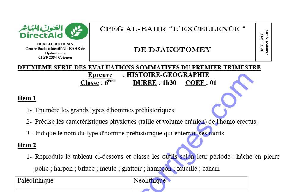 Aperçu de la première page — HISTOIRE GEOGRAPHIE 6EME 2EME DEVOIR DU 1ER TRIMESTRE 2023 2024 CPEG AL BAHR L'EXCELLENCE