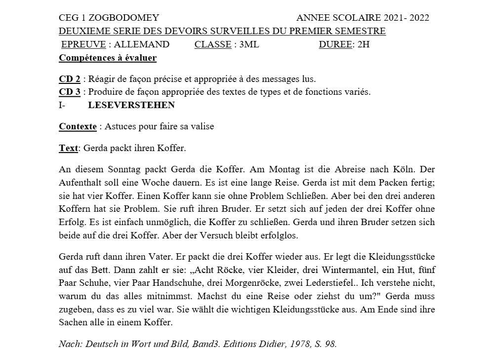 Aperçu de la première page — 3ème Allemand 2ème Devoir 1er Semestre CEG1 Zogbodomey 2021 2022