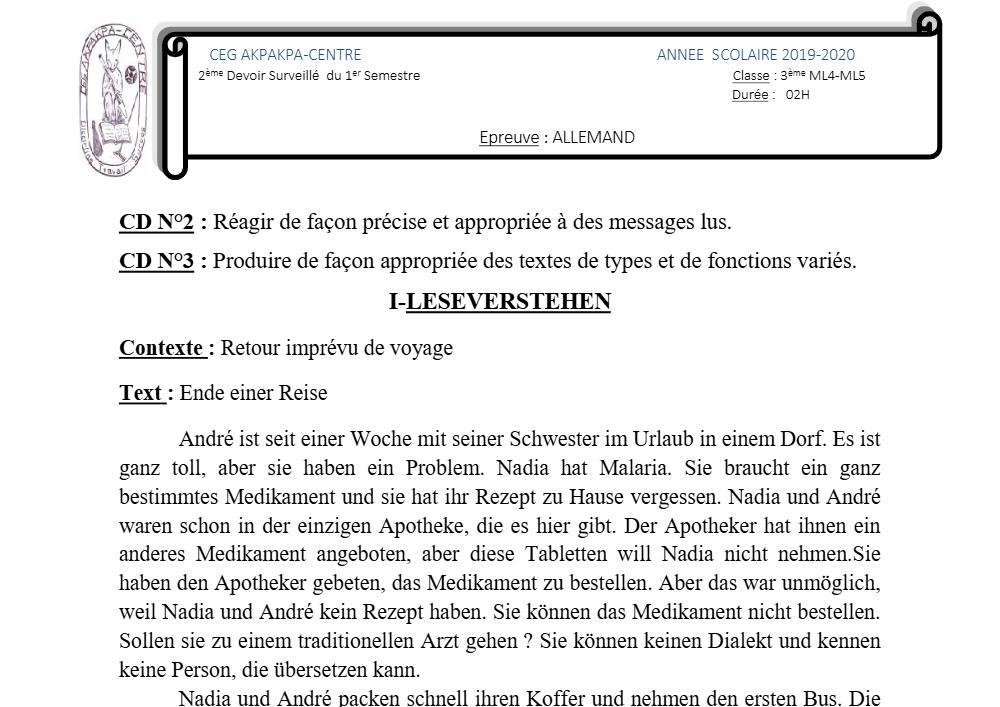 Aperçu de la première page — 3ème Allemand 2ème Devoir 1er Semestre CEG Akpakpa 2019 2020