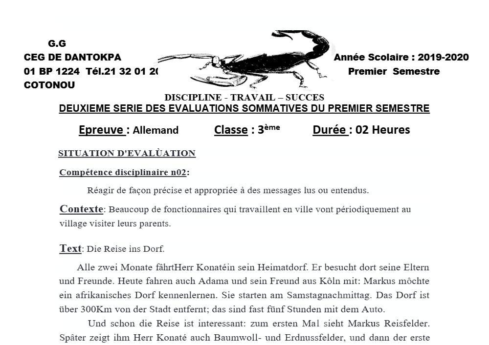 Aperçu de la première page — 3ème Allemand 2ème Devoir 1er Semestre CEG Dantokpa 2019 2020