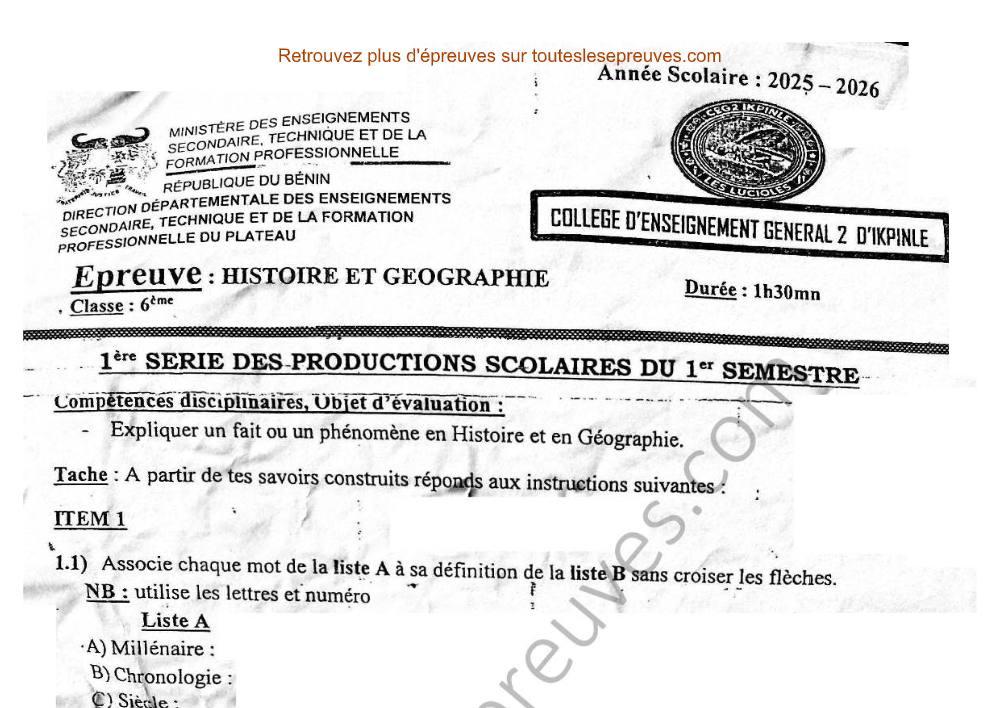 Aperçu de la première page — Histoire Géographie 6ème – 1er Devoir du 1er Semestre 2025 2026 – Préhistoire, Chronologie et Outils – CEG 2 Ikpinlè