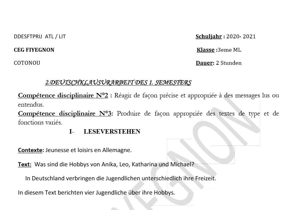 Aperçu de la première page — 3ème Allemand 2ème Devoir 1er Semestre CEG Fiyegnon 2020 2021