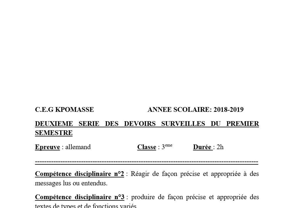 Aperçu de la première page — 3ème Allemand 2ème Devoir 1er Semestre CEG Kpomasse 2018 2019