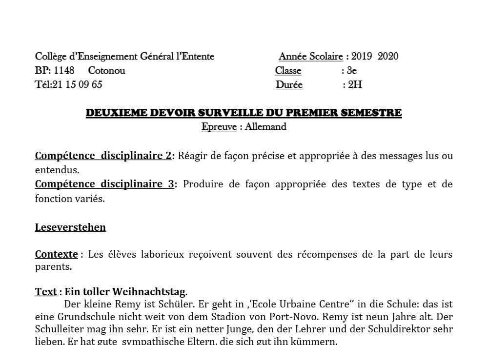 Aperçu de la première page — 3ème Allemand 2ème Devoir 1er Semestre CEG L'Entente 2019 2020