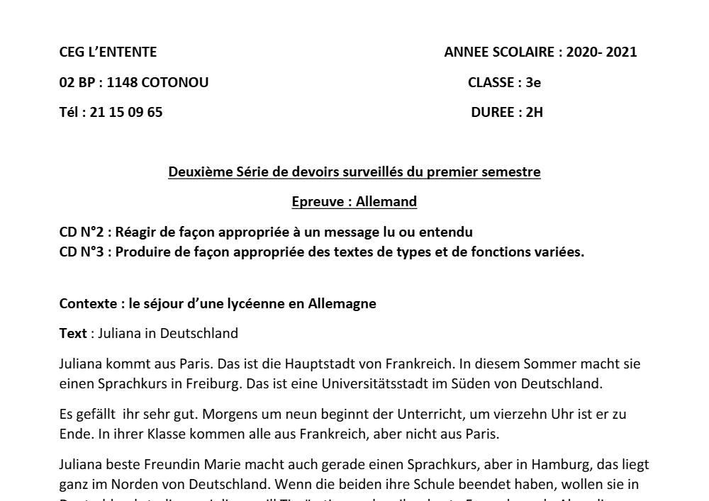 Aperçu de la première page — 3ème Allemand 2ème Devoir 1er Semestre CEG L'Entente 2020 2021