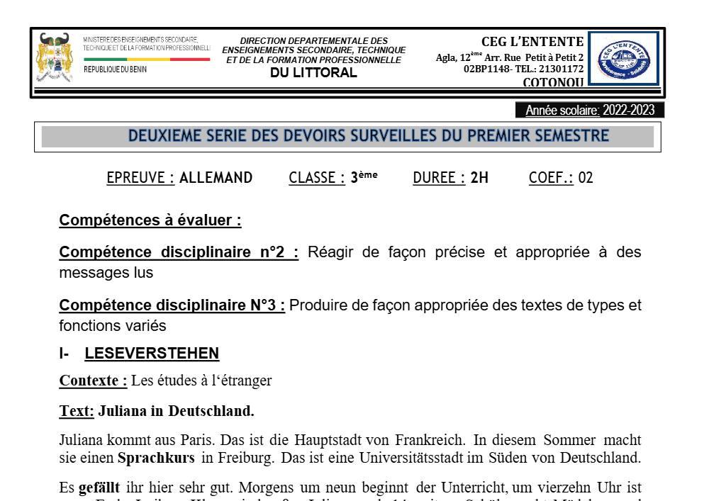 Aperçu de la première page — 3ème Allemand 2ème Devoir 1er Semestre CEG L'Entente 2022 2023