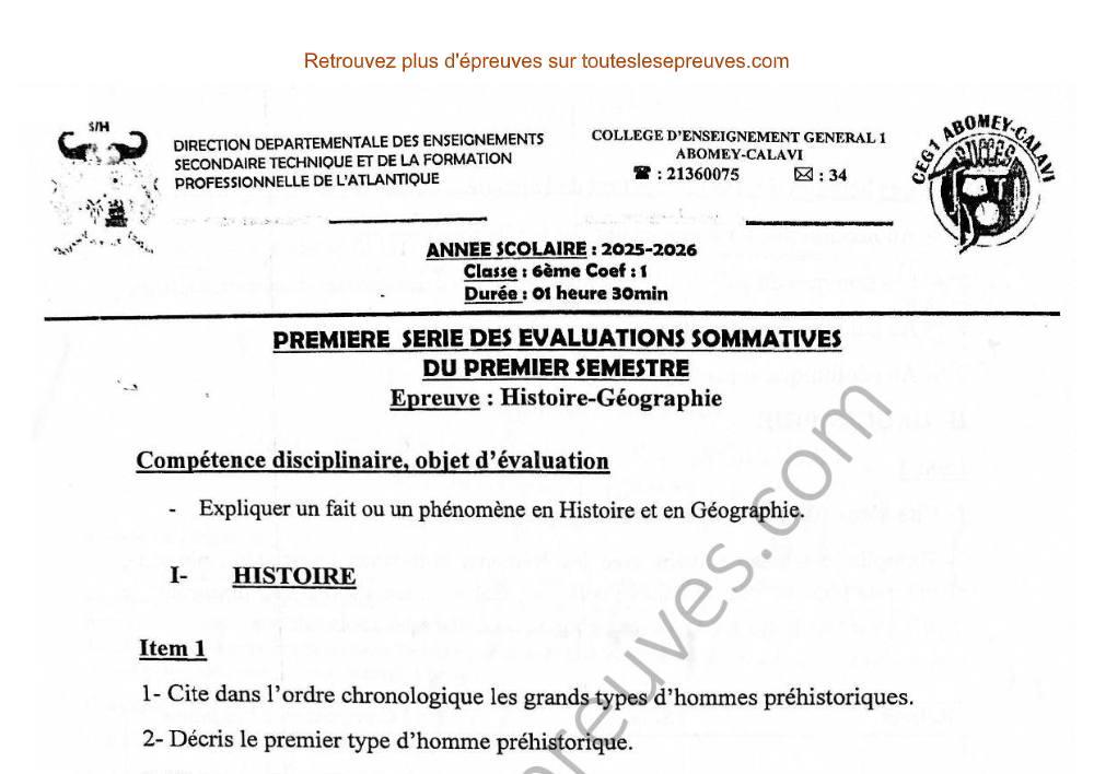 Aperçu de la première page — Histoire Géographie 6ème – 1er Devoir du 1er Semestre 2025 2026 – Préhistoire et Milieu géographique – CEG 1 Abomey Calavi