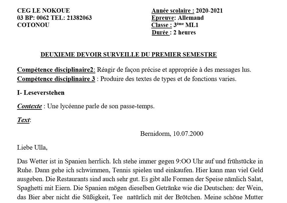 Aperçu de la première page — 3ème Allemand 2ème Devoir 1er Semestre CEG Le Nokoué 2020 2021