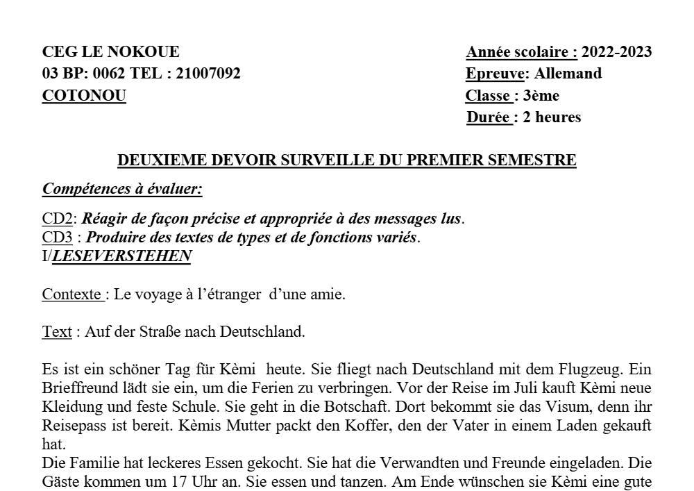 Aperçu de la première page — 3ème Allemand 2ème Devoir 1er Semestre CEG Le Nokoué 2022 2023