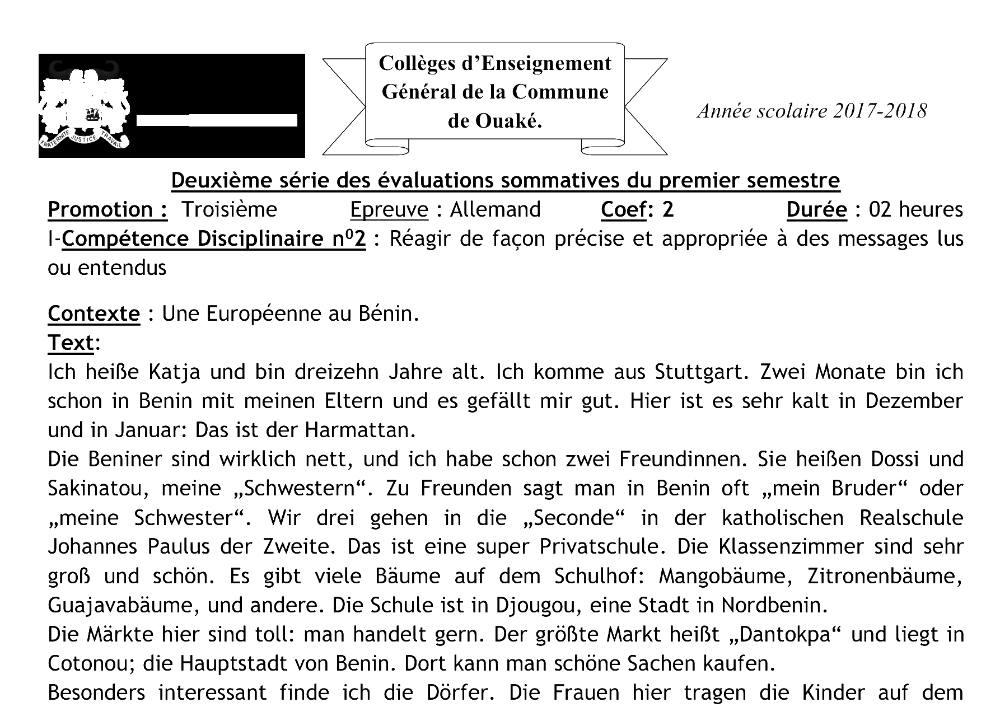 Aperçu de la première page — 3ème Allemand 2ème Devoir 1er Semestre CEG Ouake 2017 2018