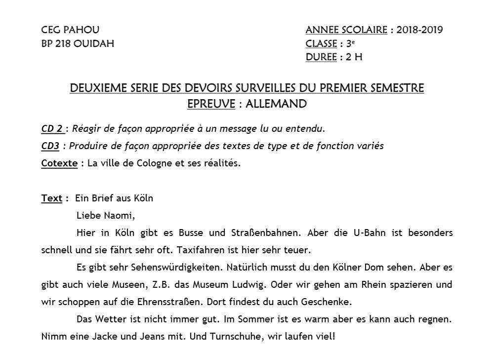 Aperçu de la première page — 3ème Allemand 2ème Devoir 1er Semestre CEG Pahou 2018 2019