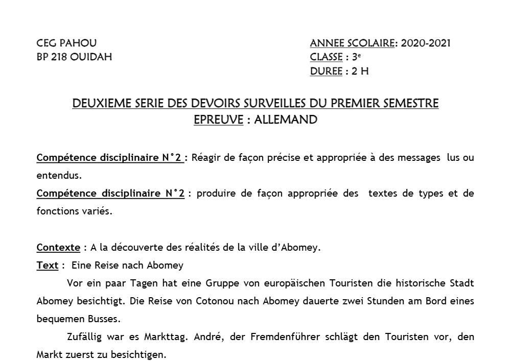 Aperçu de la première page — 3ème Allemand 2ème Devoir 1er Semestre CEG Pahou 2020 2021