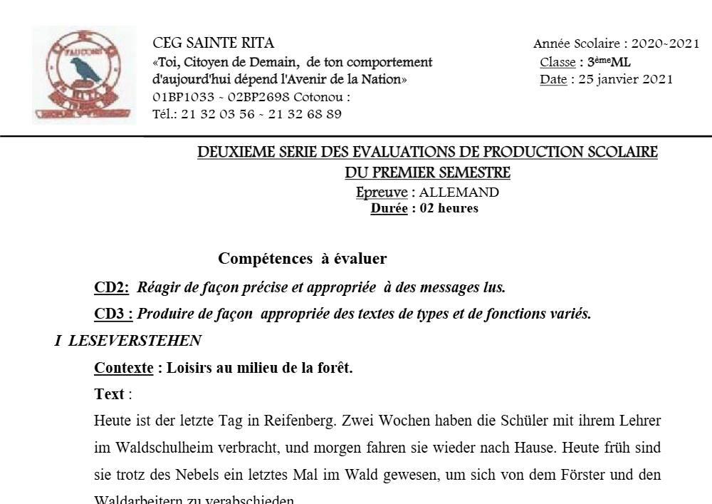 Aperçu de la première page — 3ème Allemand 2ème Devoir 1er Semestre CEG Sainte Rita 2020 2021