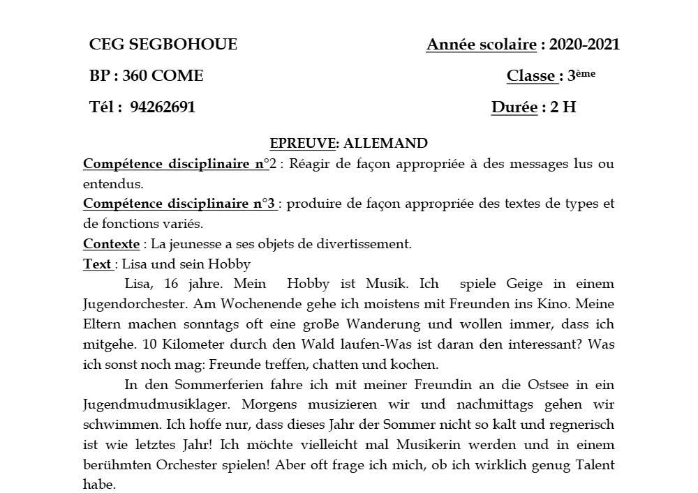Aperçu de la première page — 3ème Allemand 2ème Devoir 1er Semestre CEG Segbohoue 2020 2021