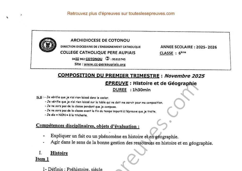 Aperçu de la première page — Histoire Géographie 6ème – Composition du 1er trimestre 2025 2026 – Préhistoire et éléments du milieu de vie – Collège Catholique Père Aupiais