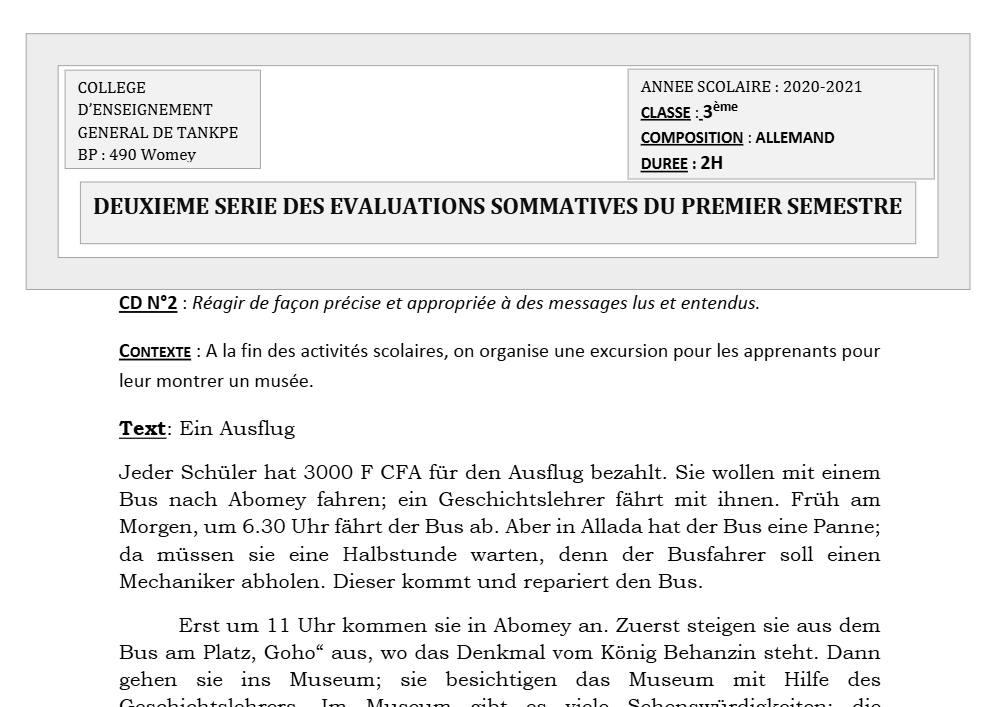 Aperçu de la première page — 3ème Allemand 2ème Devoir 1er Semestre CEG Tankpè 2020 2021