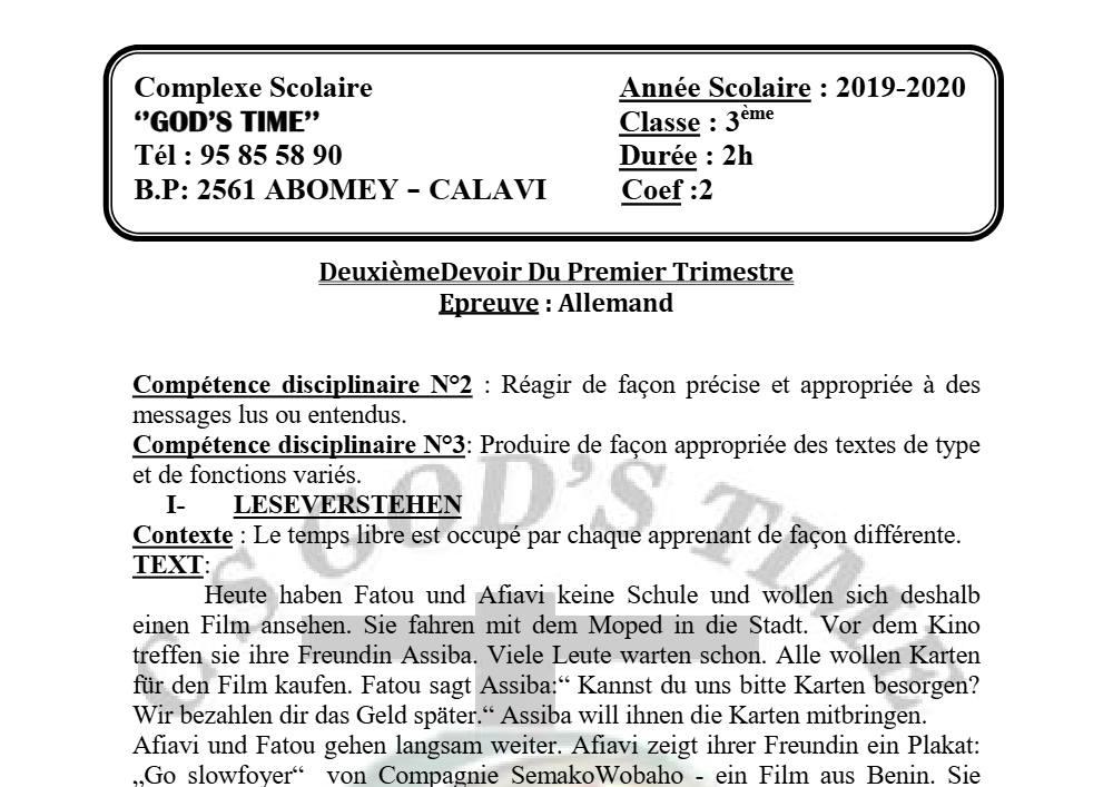 Aperçu de la première page — 3ème Allemand 2ème Devoir 1er Trimestre CS God'S Time 2019 2020