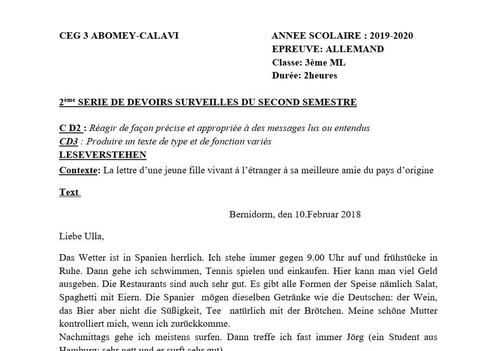 Aperçu de la première page — 3ème Allemand 2ème Devoir 2ème Semestre CEG3 Abomey Calavi 2019 2020