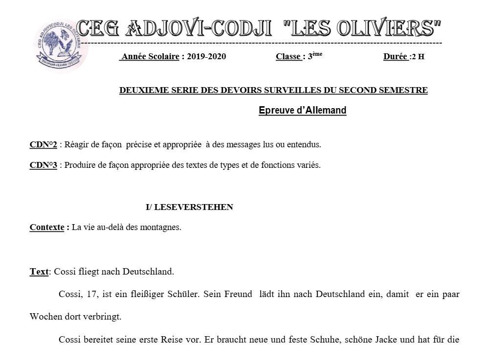 Aperçu de la première page — 3ème Allemand 2ème Devoir 2ème Semestre CEG Adjovi Codji 2019 2020