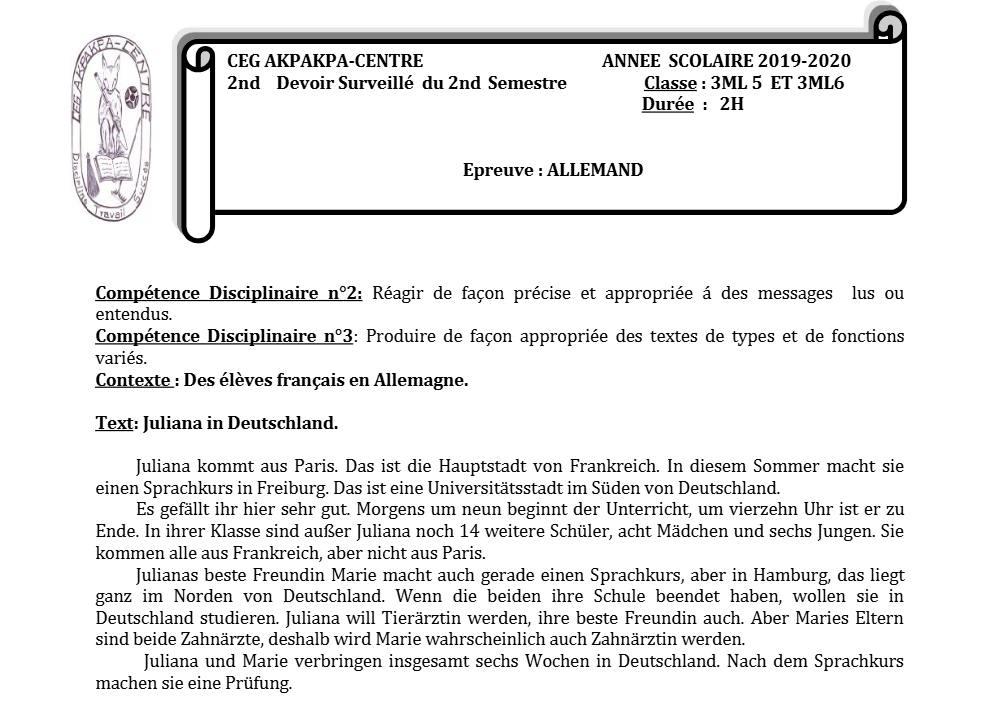 Aperçu de la première page — 3ème Allemand 2ème Devoir 2ème Semestre CEG Akpakpa 2019 2020