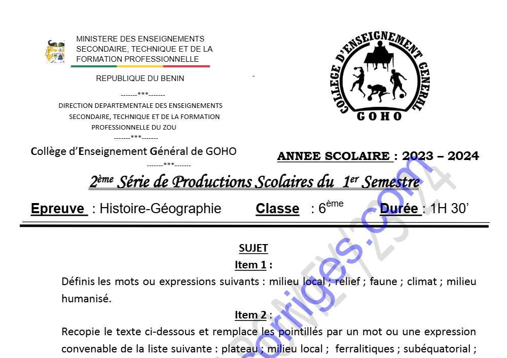 Aperçu de la première page — HISTOIRE GEOGRAPHIE 6EME 2EME DEVOIR DU 1ER SEMESTRE 2023 2024 CEG GOHO ABOMEY